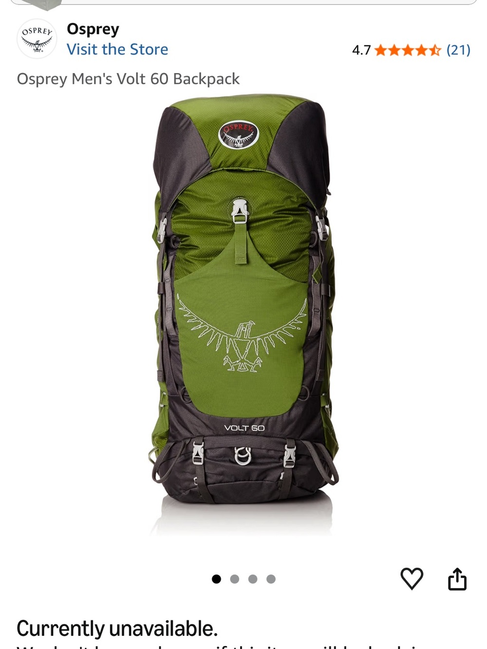 OSPREY Volt 60 Men’s S Hiking Backpack in Fern Green